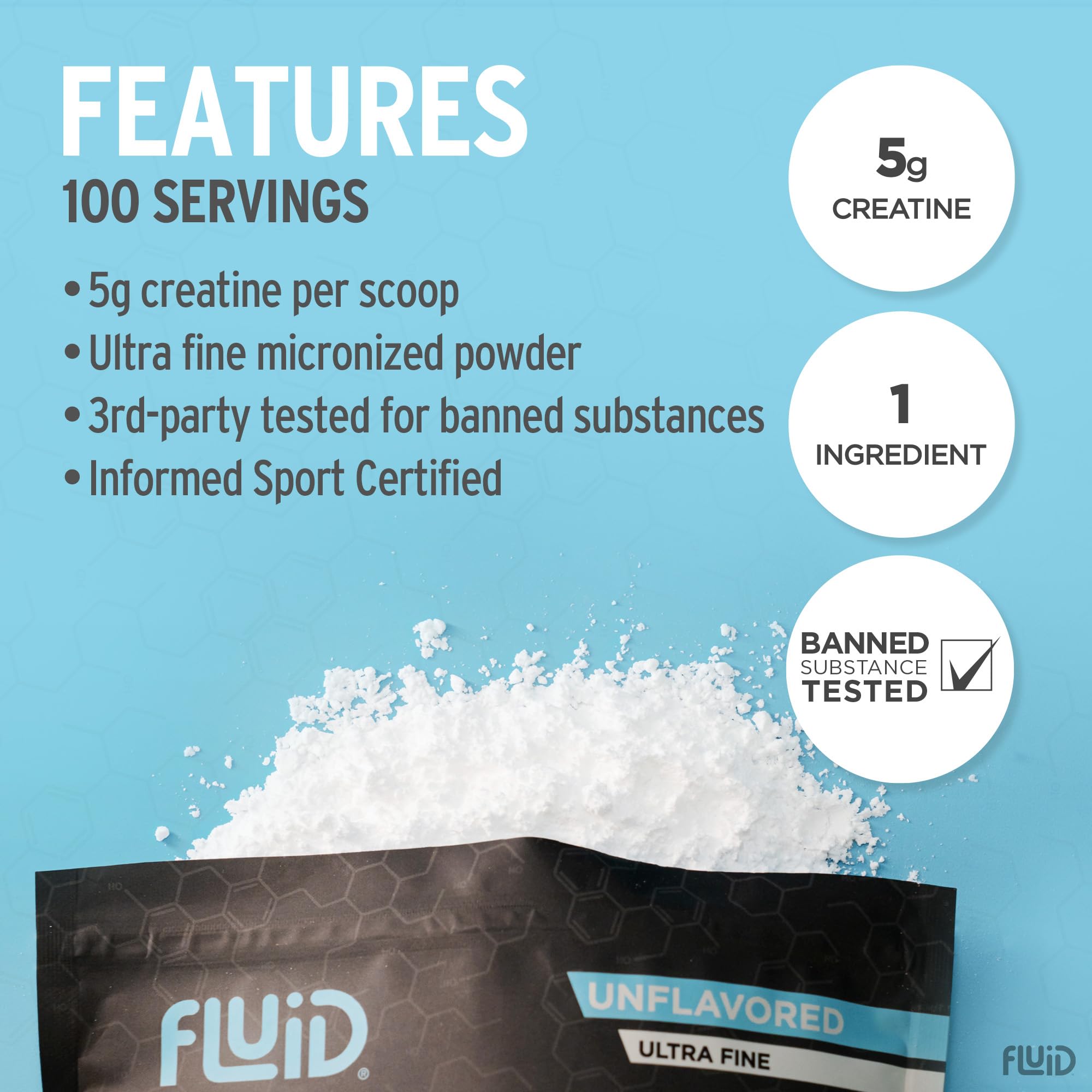 Cuchara medidora junto a Fluid creatine, facilita toma exacta de 5 g
