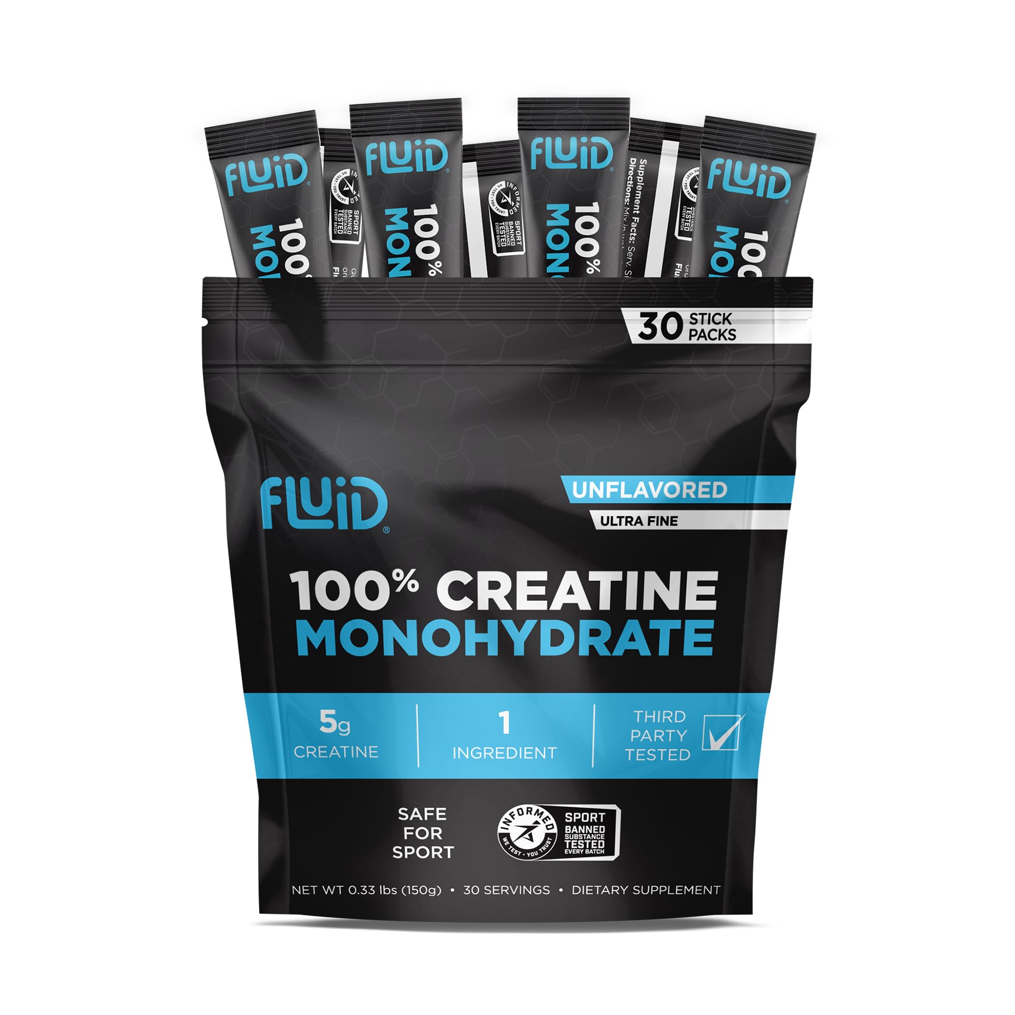 Fluid creatine empaque frontal que muestra sticks portables y beneficio de conveniencia