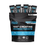 Fluid creatine empaque frontal que muestra sticks portables y beneficio de conveniencia