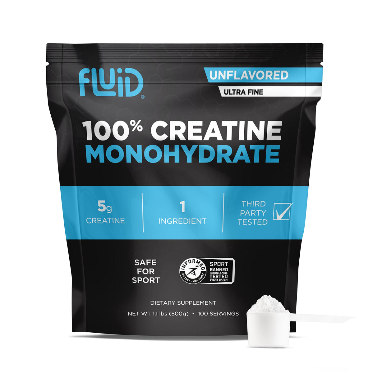 Fluid creatine vista frontal del envase, identifica la pureza del producto