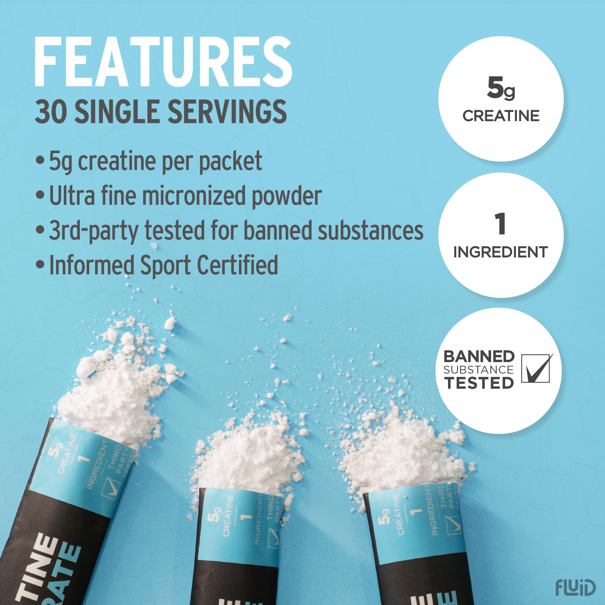 Fluid creatine polvo vertido en vaso listo para mezclar, beneficio de uso inmediato