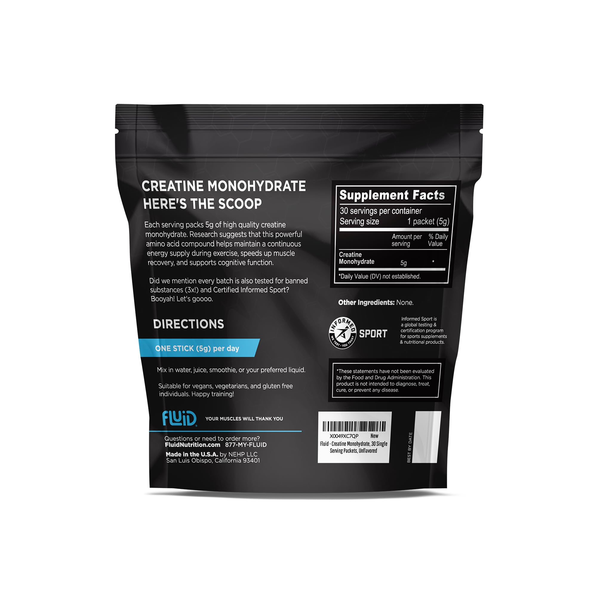 Fluid creatine polvo ultra-fino en stick abierto destacando textura de fácil disolución