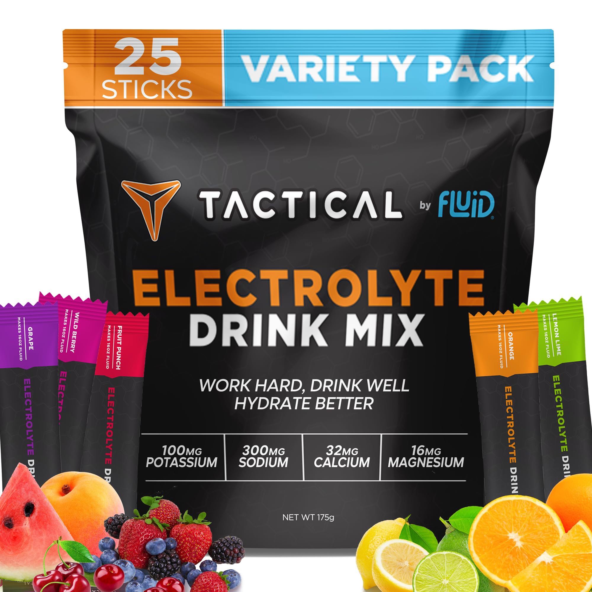 Fluid Tactical frente del empaque mostrando 25 sobres, práctico para transportar