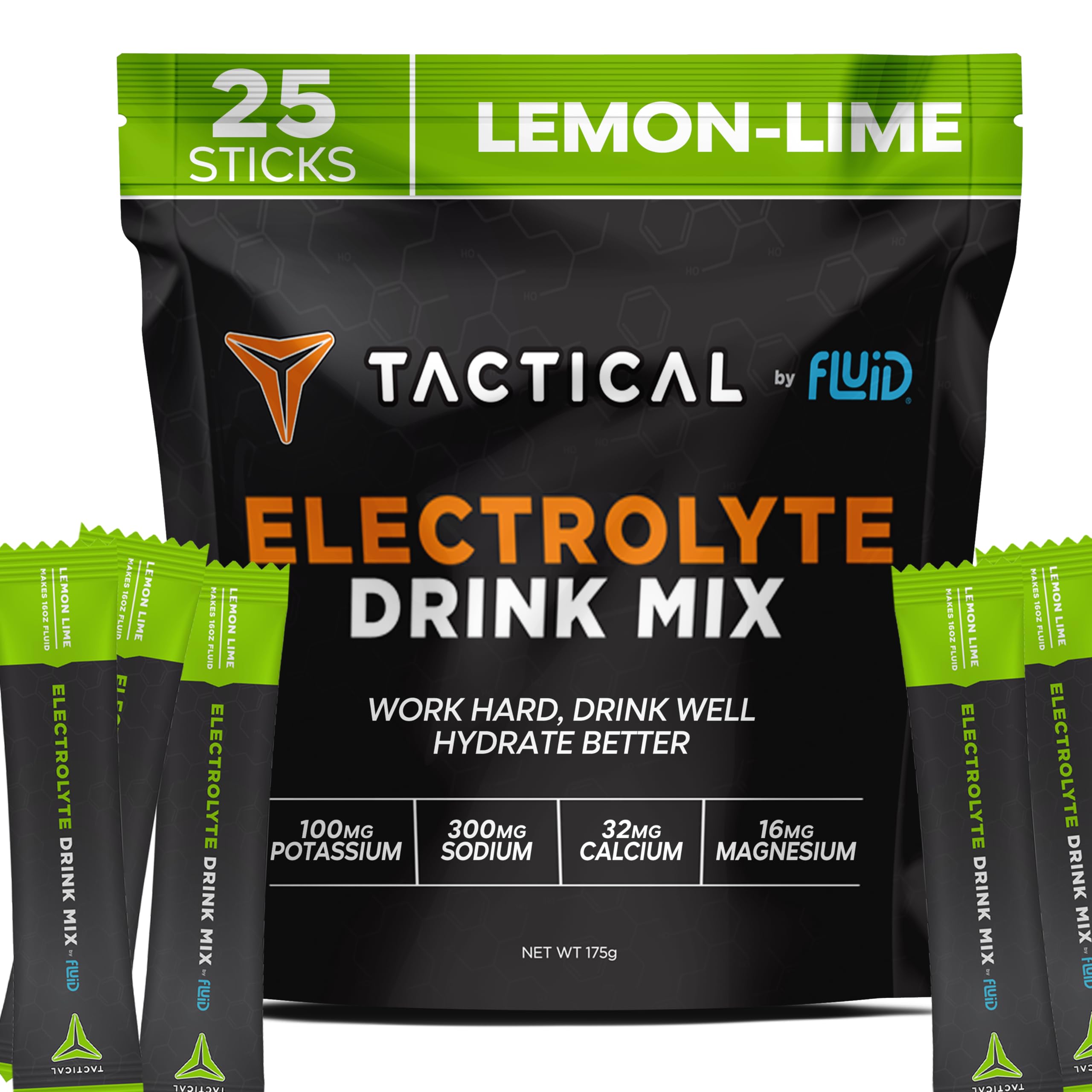 Fluid Tactical frente del paquete mostrando 25 sobres y sabor limón-lima, práctica portabilidad