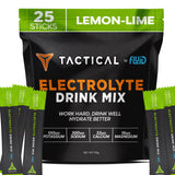 Fluid Tactical frente del paquete mostrando 25 sobres y sabor limón-lima, práctica portabilidad
