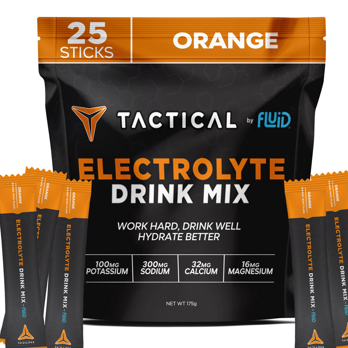 Fluid Tactical envase frontal mostrando marca y formato de sobres, ideal para llevar
