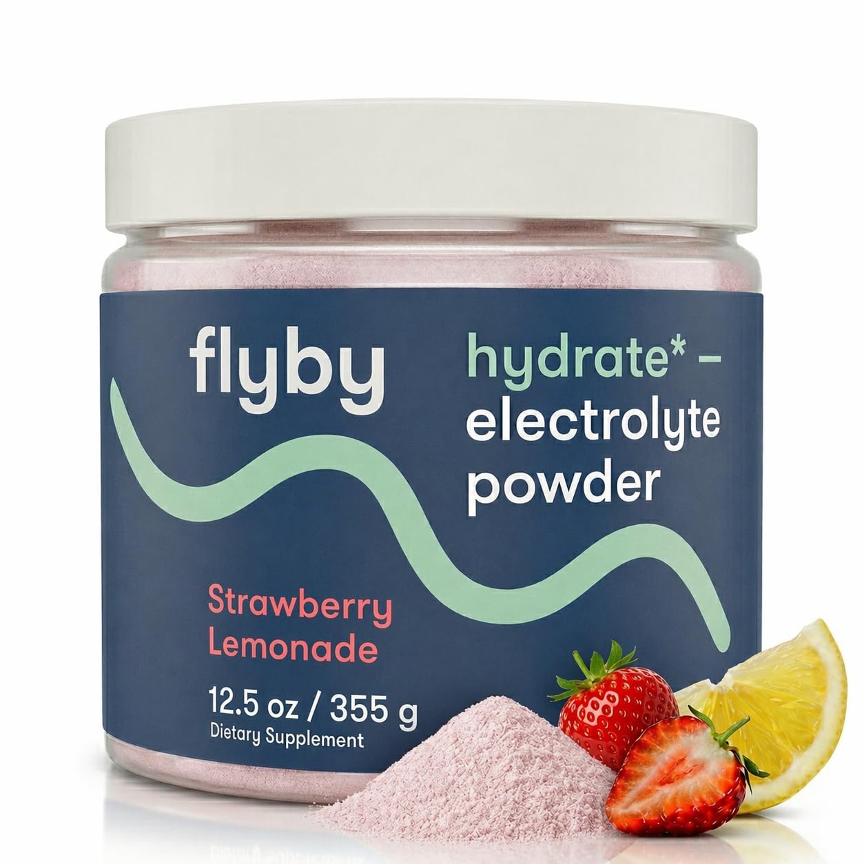 Flyby envase frontal Strawberry Lemonade mostrando información clara y refrescante