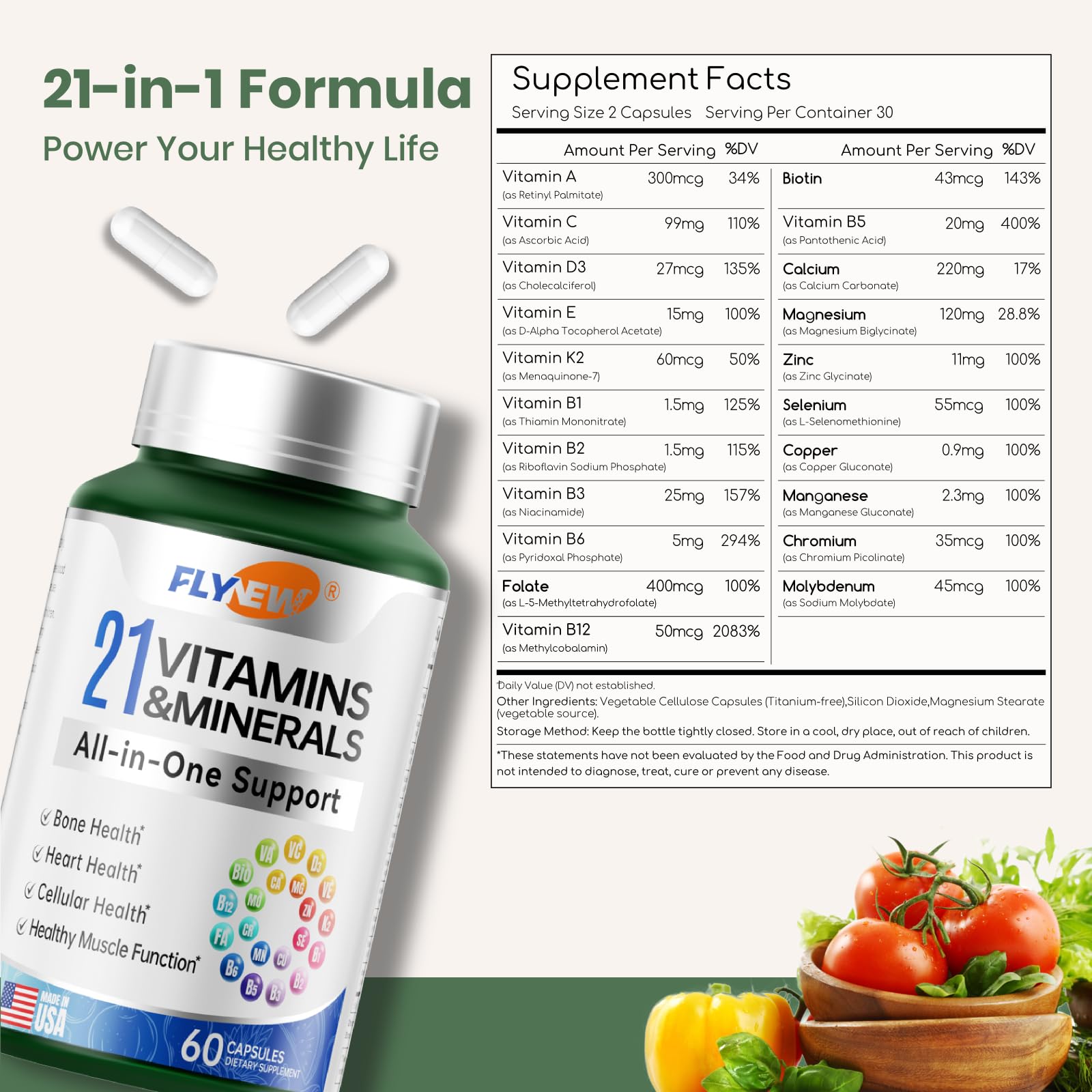 Flynew etiqueta nutricional con ingredientes y dosificación clara