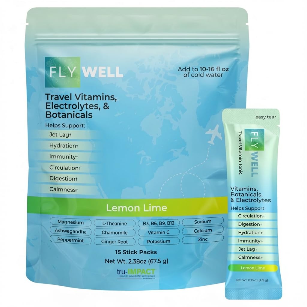 FlyWell frente del empaque mostrando 15 sobres y ventajas de viaje