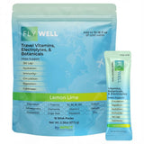 FlyWell frente del empaque mostrando 15 sobres y ventajas de viaje