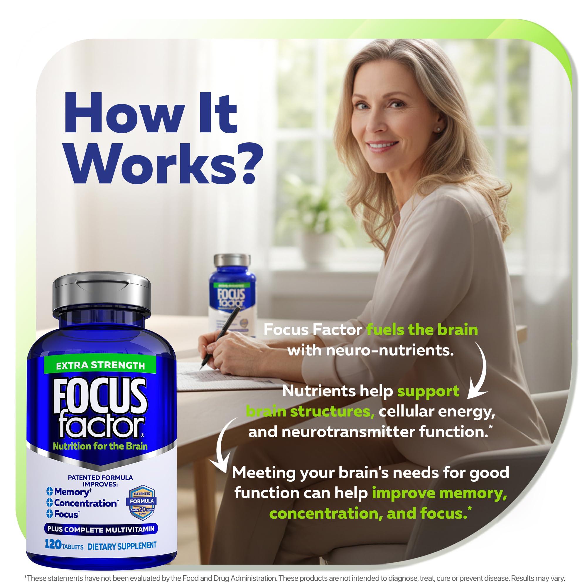 Comparación de tamaño de cápsula Focus Factor en la mano para dosificación clara
