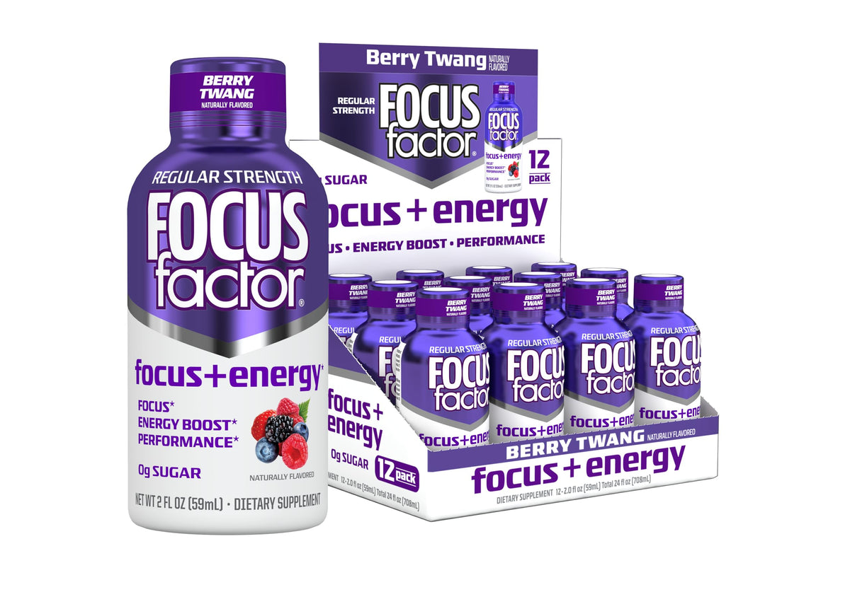 Focus Factor frente del empaque mostrando pack de 12 y beneficio conveniencia