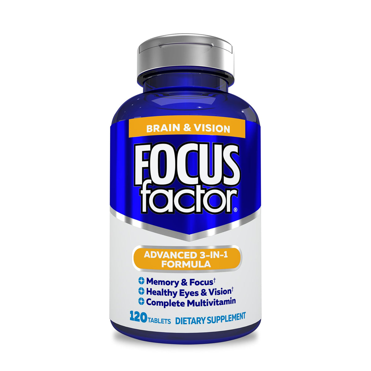 Focus Factor frente del paquete mostrando 120 tabletas y beneficios clave
