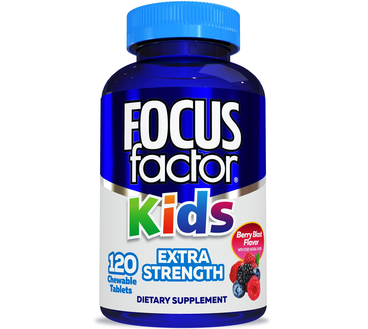Focus Factor frasco frontal mostrando etiqueta y beneficio cognitivo para niños