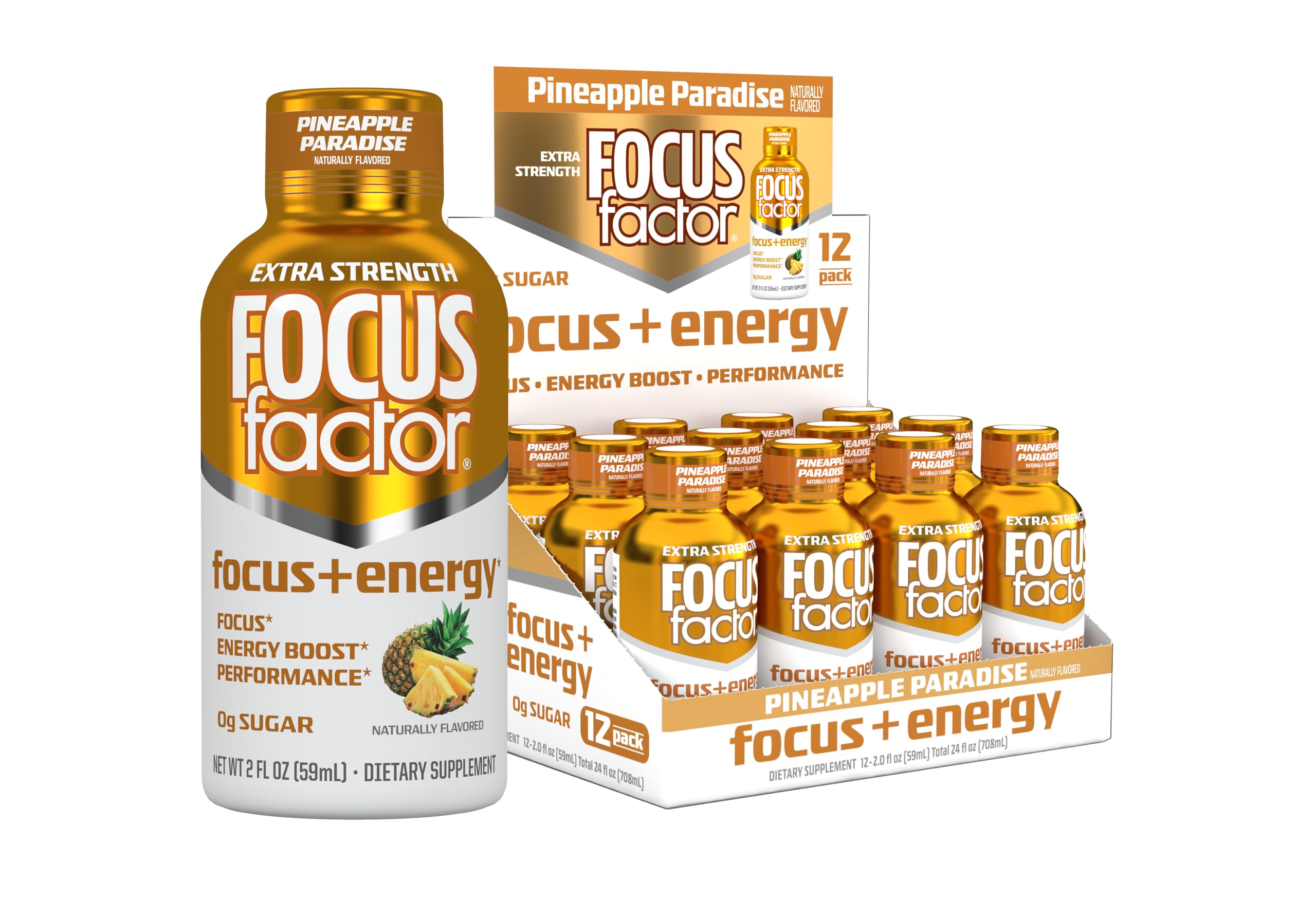 Focus Factor vial frontal Piña Paradise mostrando presentación práctica y sabor