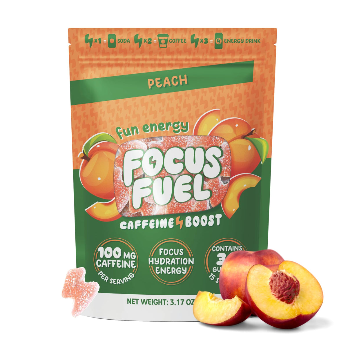 FocusFuel empaque frontal durazno mostrando porciones y beneficio energía controlada