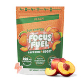 FocusFuel empaque frontal durazno mostrando porciones y beneficio energía controlada