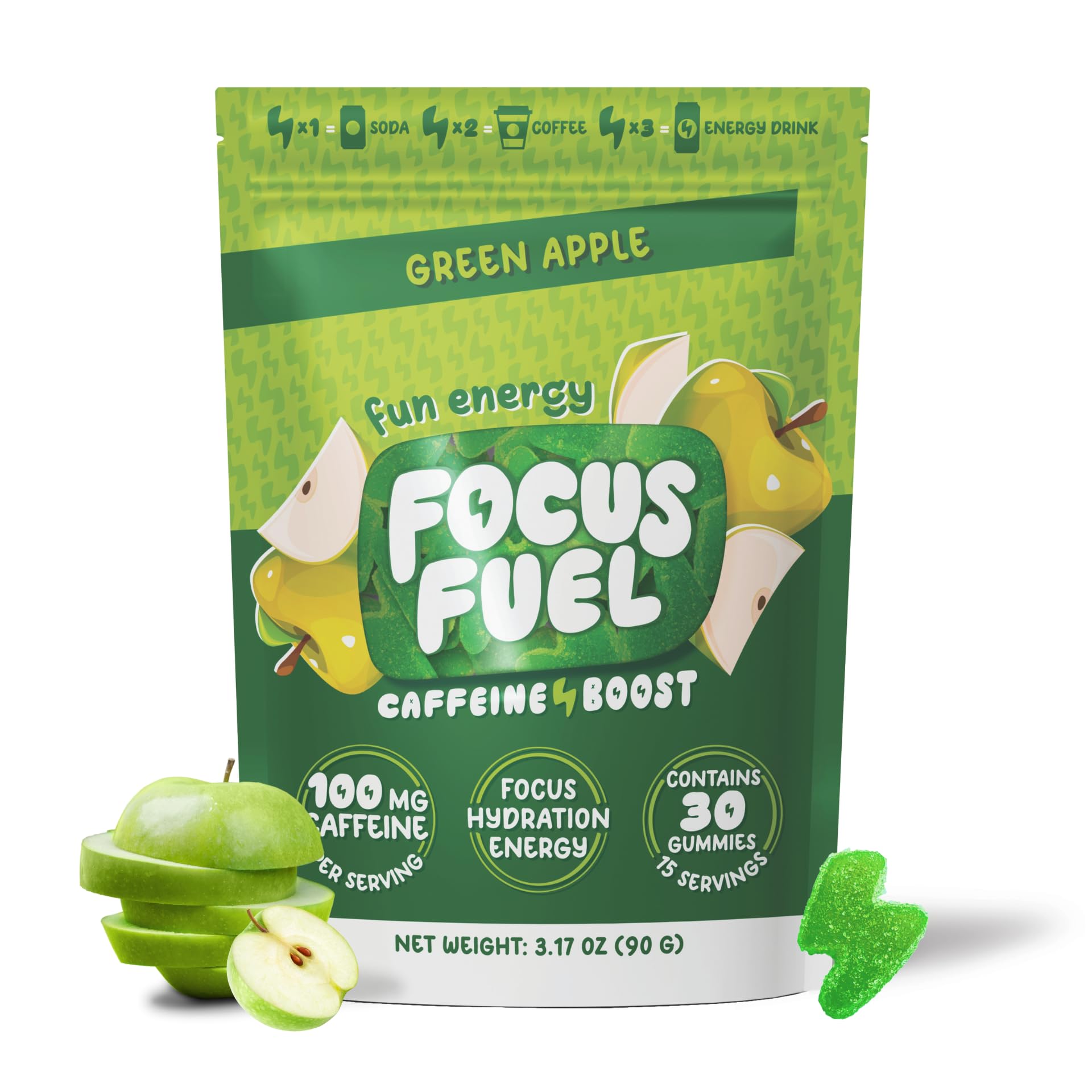 FocusFuel empaque frontal mostrando sabor manzana verde y beneficios claros