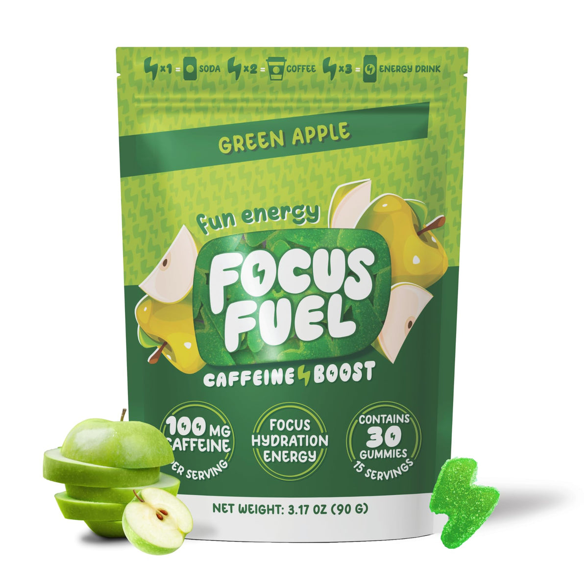 FocusFuel empaque frontal mostrando sabor manzana verde y beneficios claros