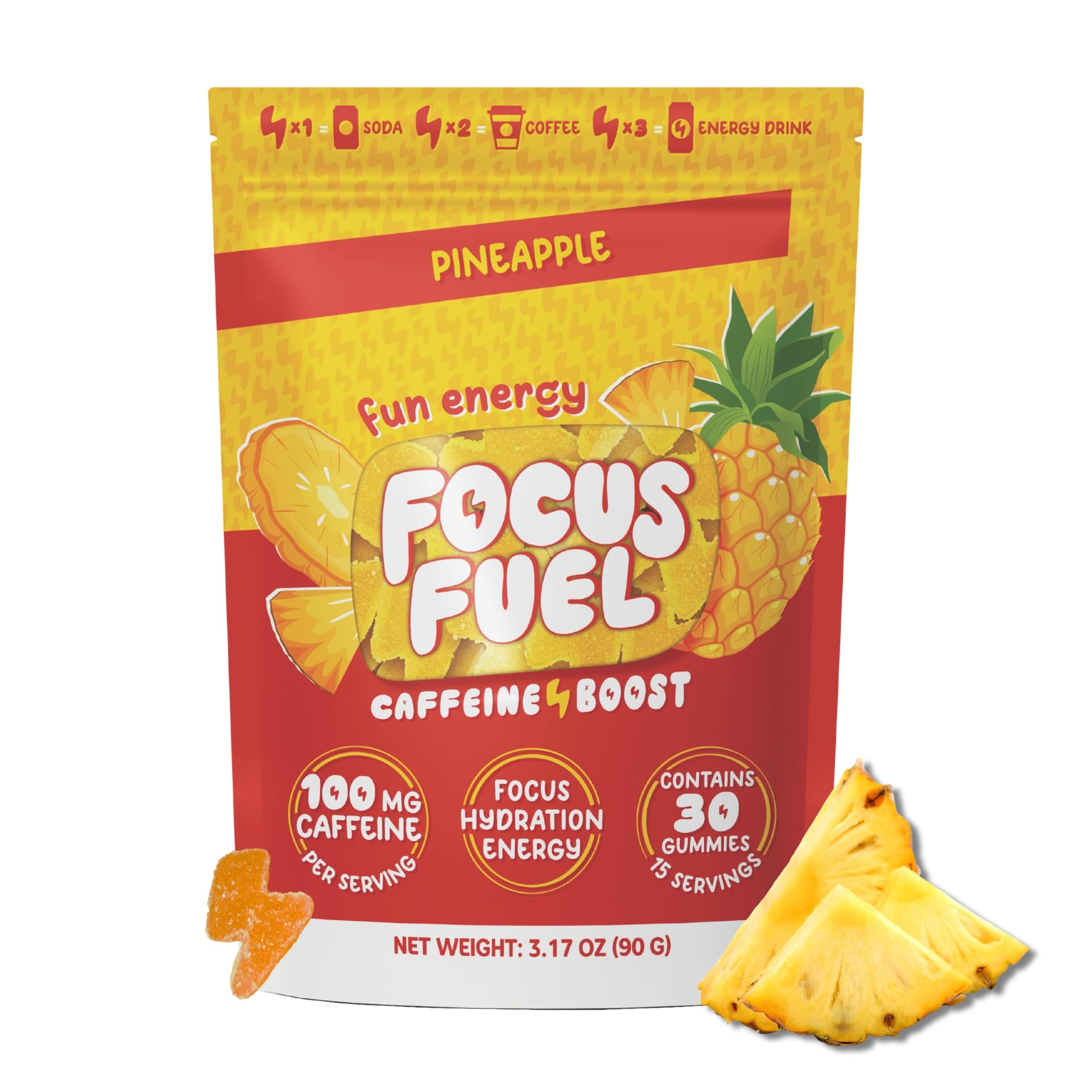 FocusFuel envase delantero sabor piña, presenta porciones prácticas