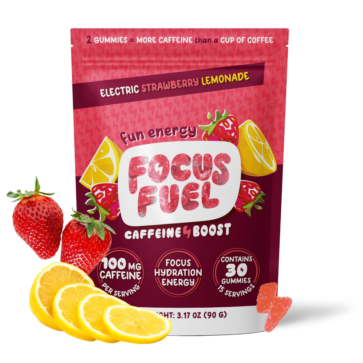 FocusFuel envase frente mostrando diseño y porciones, práctico para llevar