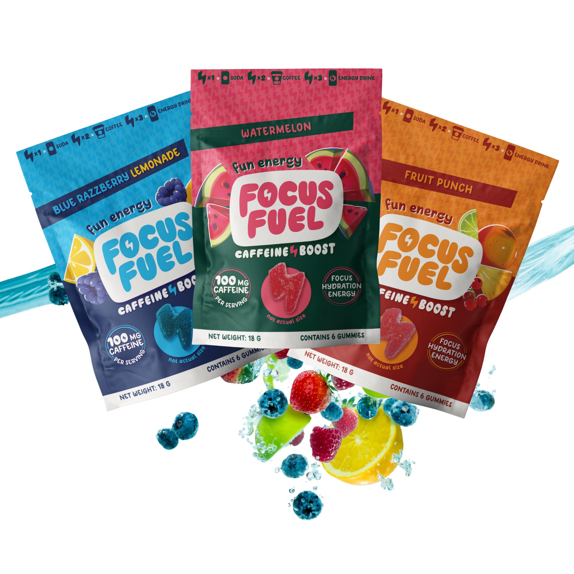FocusFuel envase frontal del pack de prueba con sabores variados, práctico para llevar