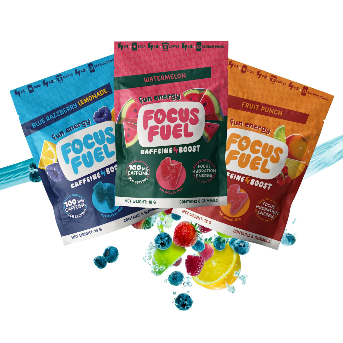 FocusFuel envase frontal del pack de prueba con sabores variados, práctico para llevar