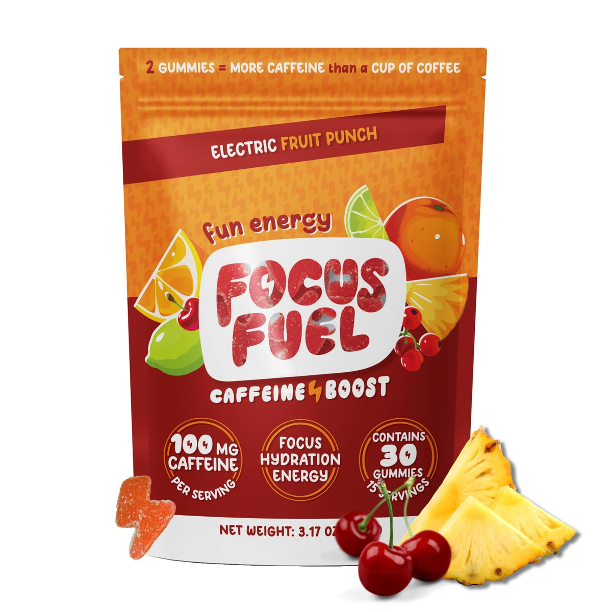 FocusFuel frente del envase mostrando porciones y sabor fruit punch para conveniencia