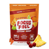FocusFuel frente del envase mostrando porciones y sabor fruit punch para conveniencia