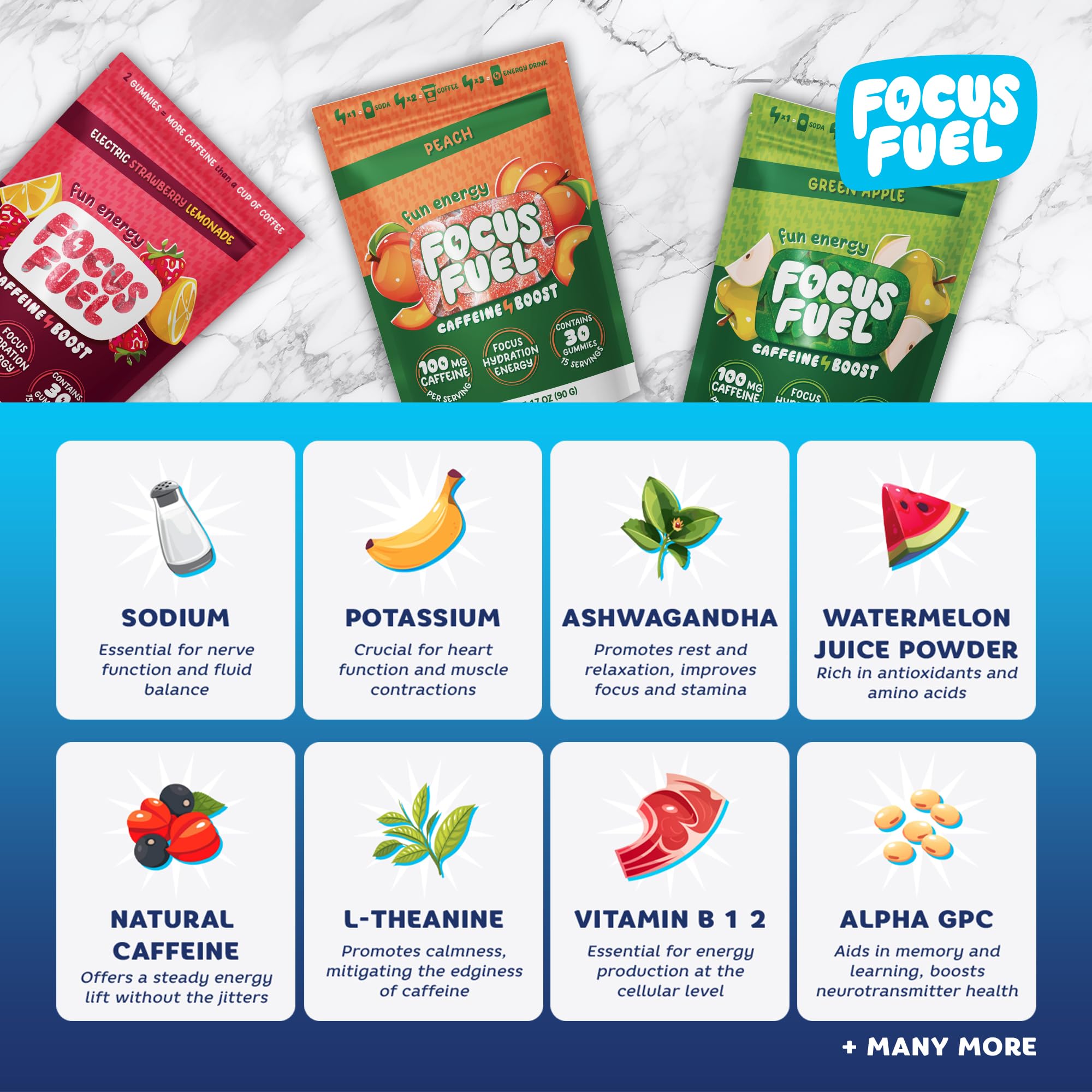 FocusFuel gomita en mano para escala, ideal para llevar y energía portátil