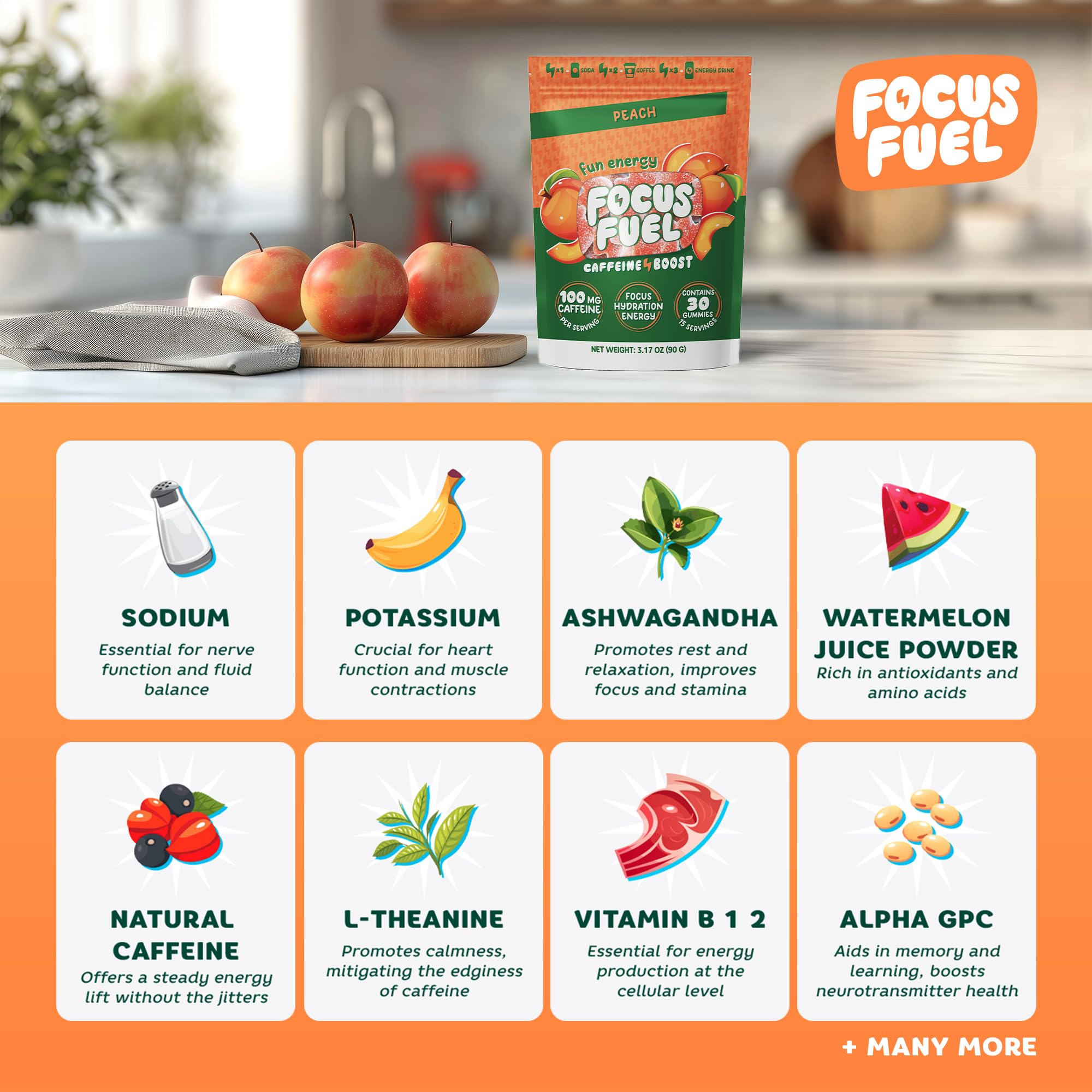 FocusFuel etiqueta con ingredientes clave y enfoque en nootrópicos beneficiosos