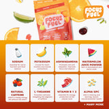 FocusFuel ingredientes clave (guaraná, té verde, L‑Theanine) como enfoque visual