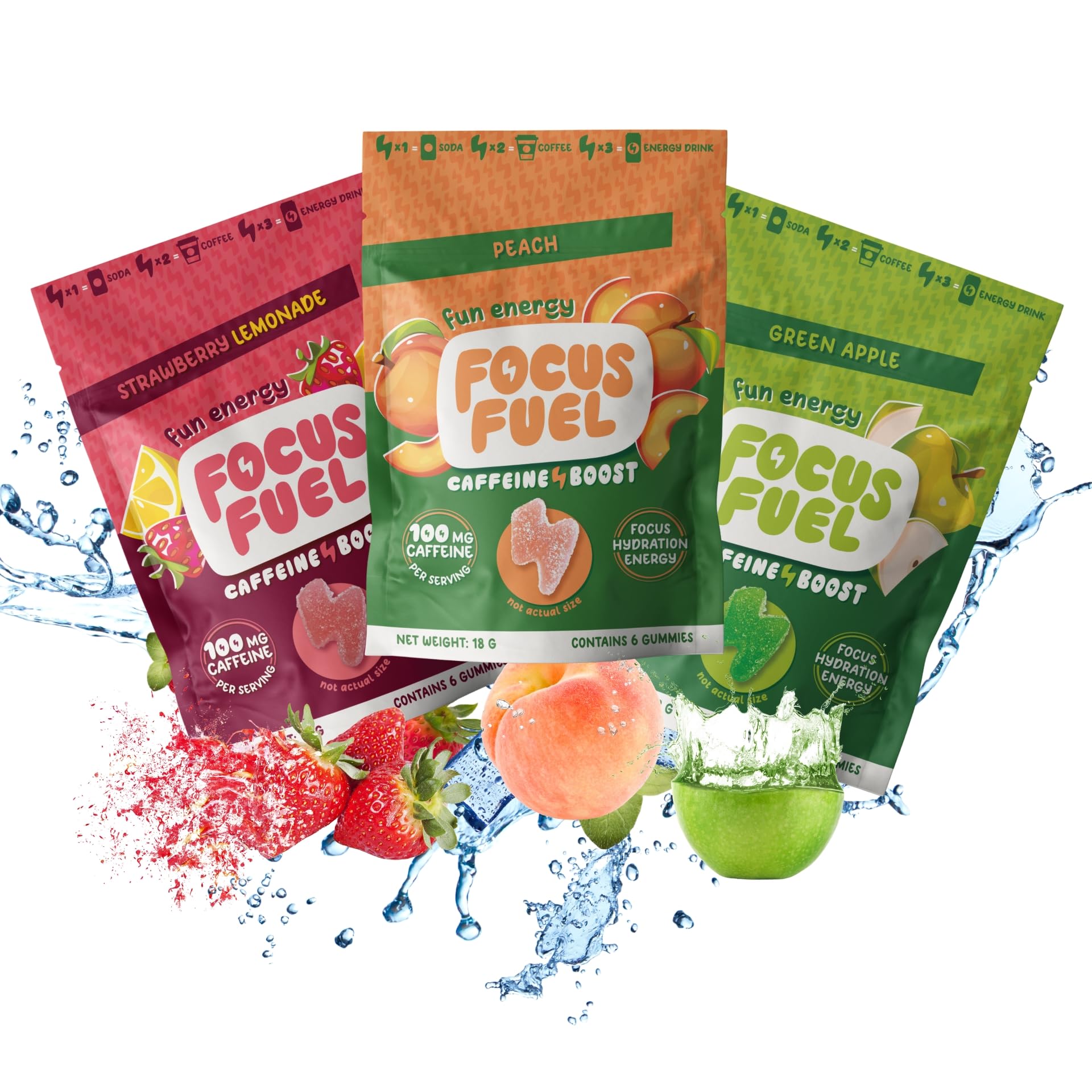 FocusFuel paquete frontal mostrando variedad de sabores y beneficio energía limpia
