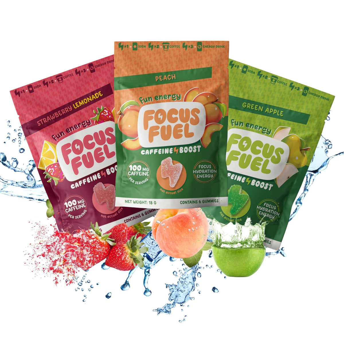 FocusFuel paquete frontal mostrando variedad de sabores y beneficio energía limpia