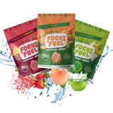 FocusFuel paquete frontal mostrando variedad de sabores y beneficio energía limpia