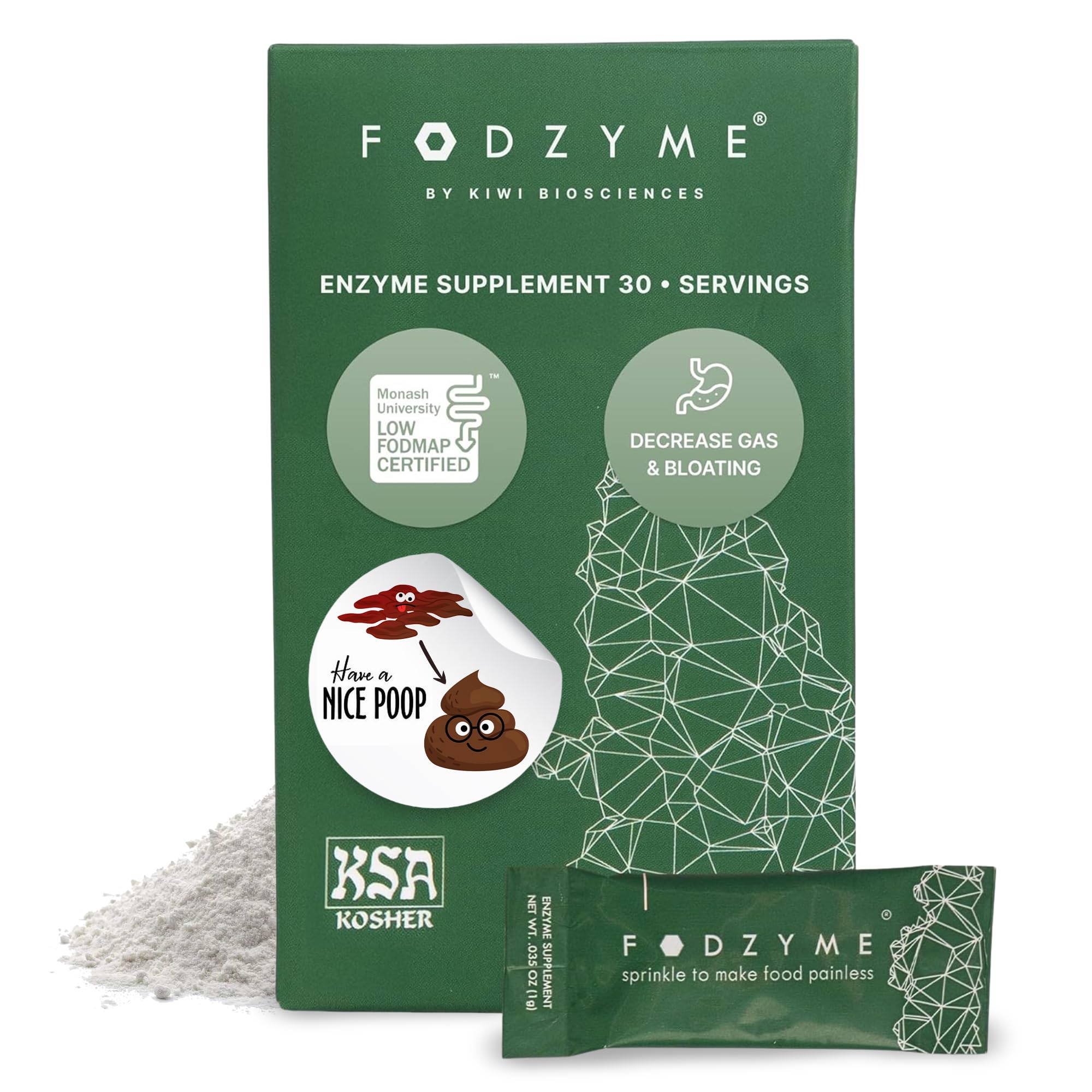 FODZYME frente del empaque mostrando dosis portátiles y beneficios digestivos
