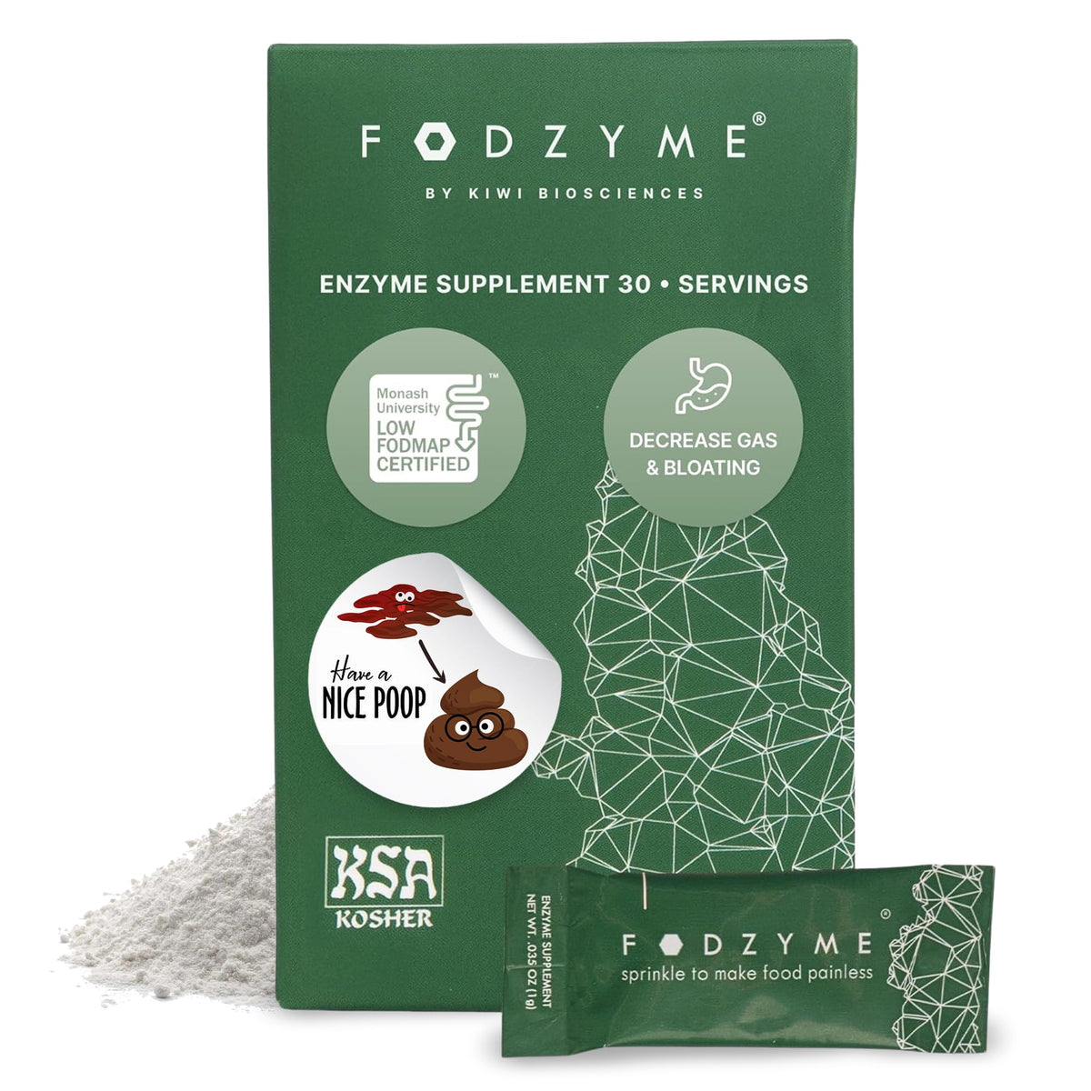 FODZYME frente del empaque mostrando dosis portátiles y beneficios digestivos