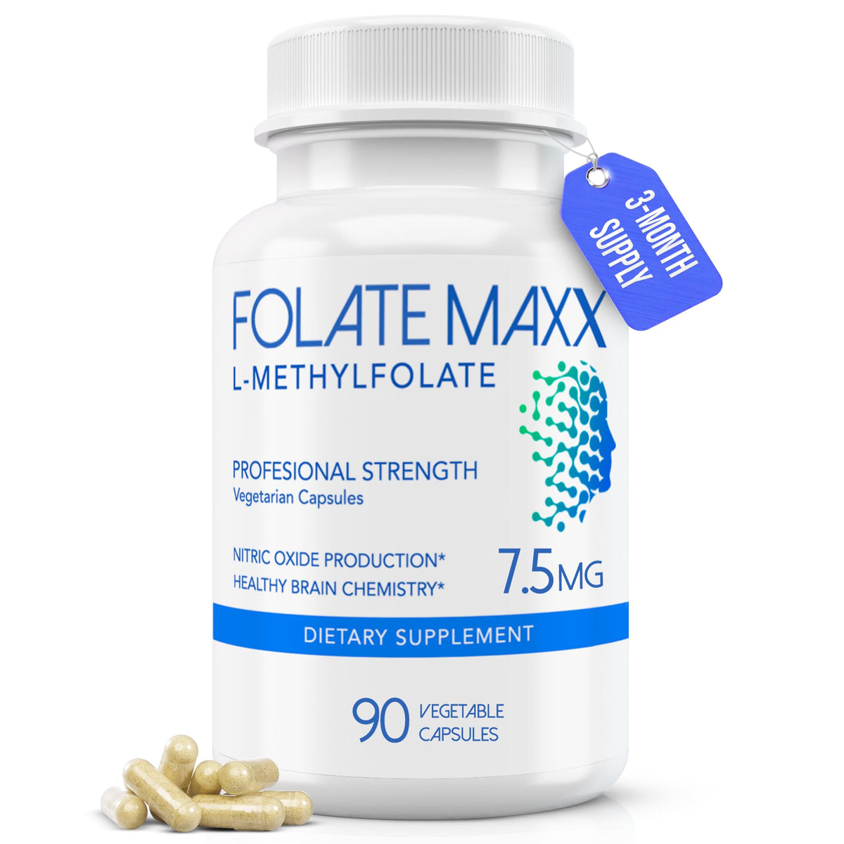 FOLATE MAXX frasco frontal mostrando diseño y conveniencia