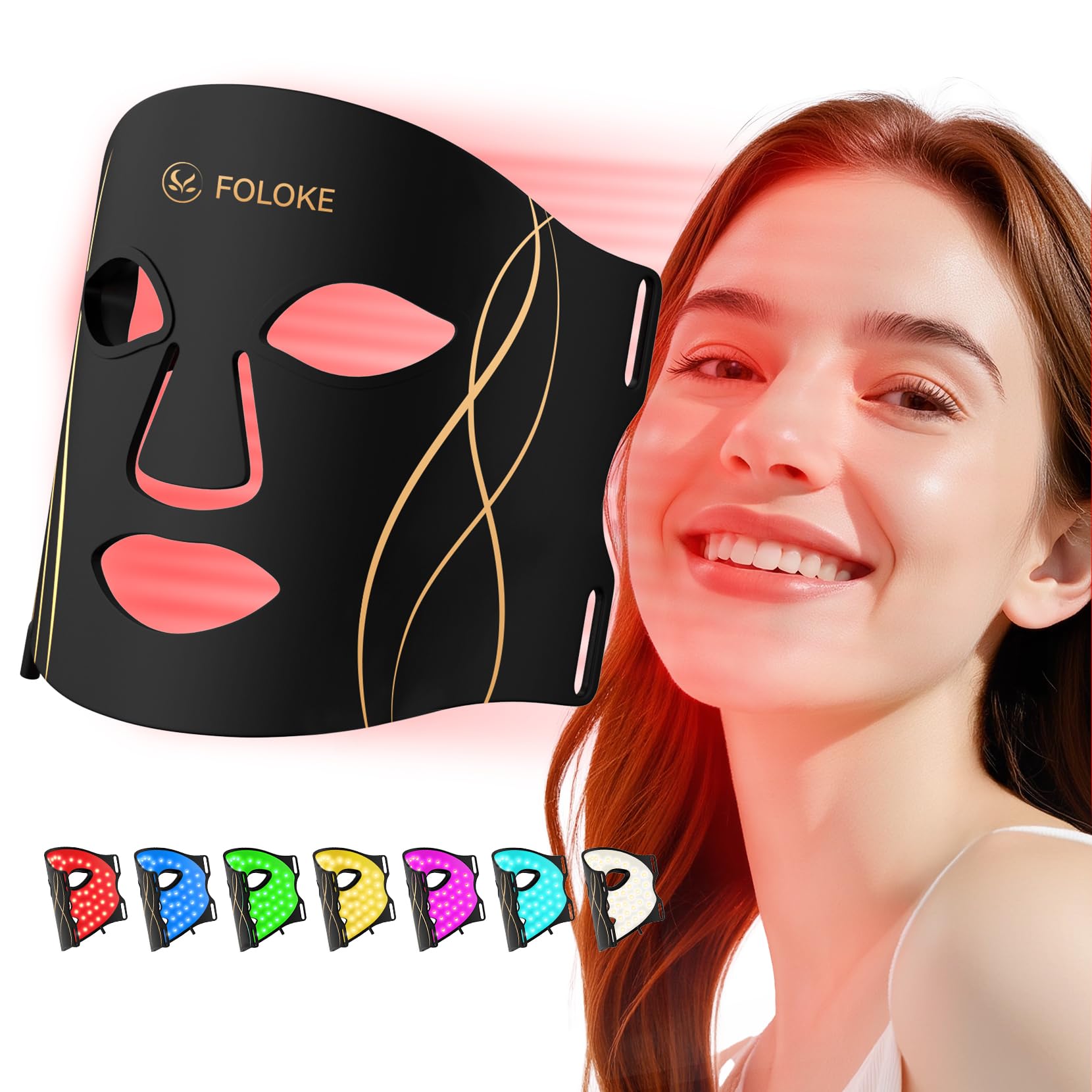 FOLOKE mascarilla LED frontal mostrando diseño ergonómico y ajuste cómodo