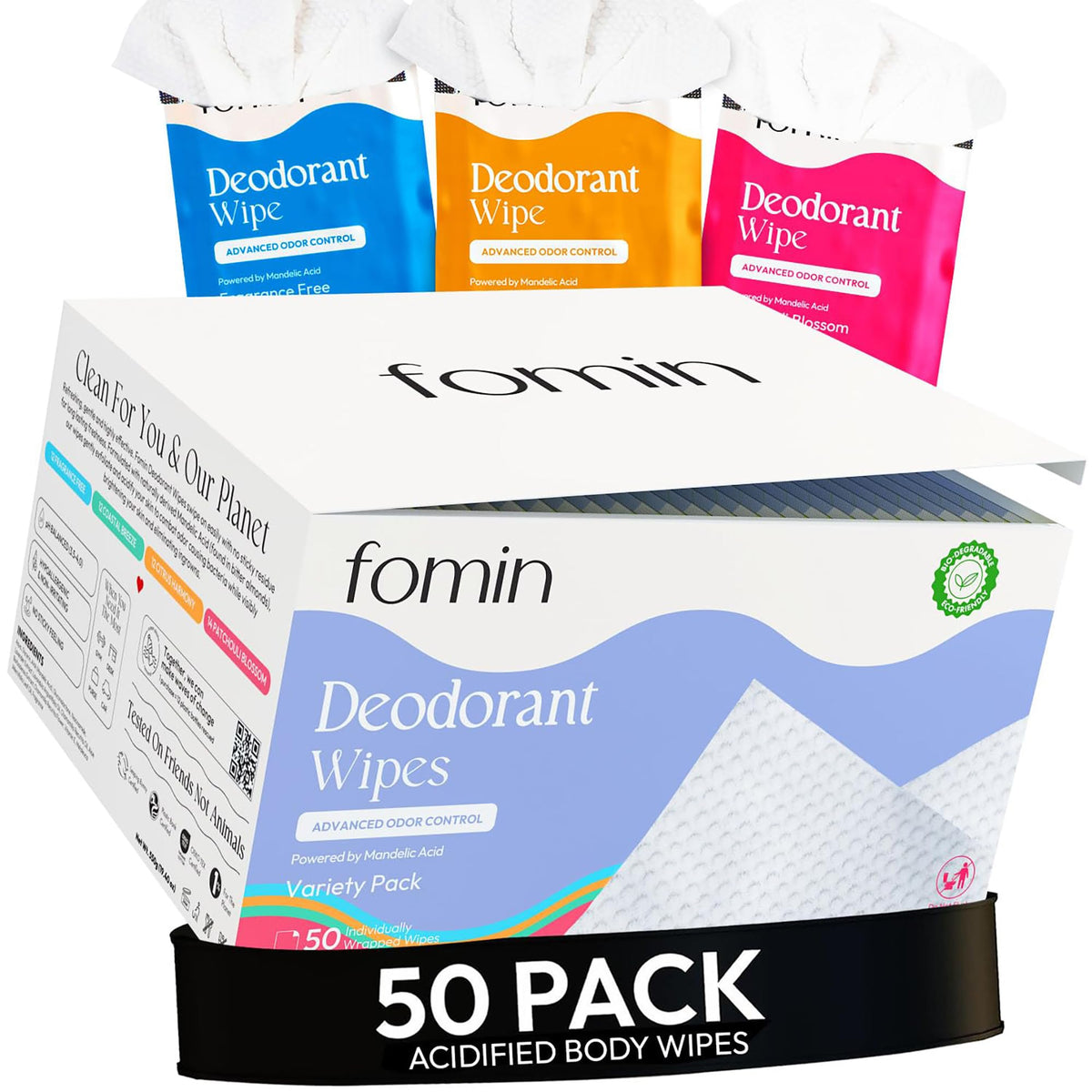 FOMIN frontal del paquete mostrando 50 toallitas y beneficio práctico