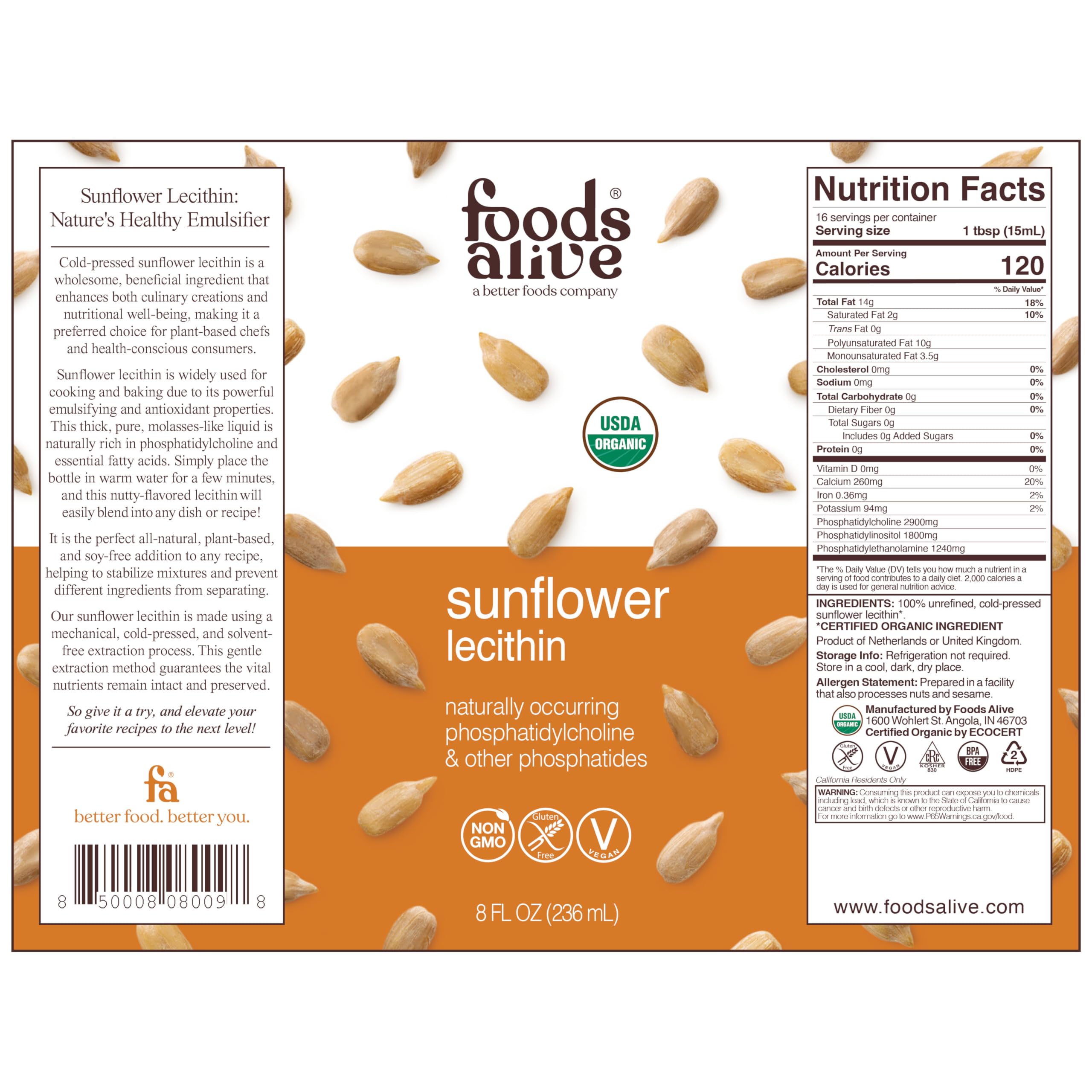 Foods Alive primer plano de la textura líquida de lecitina con apariencia suave