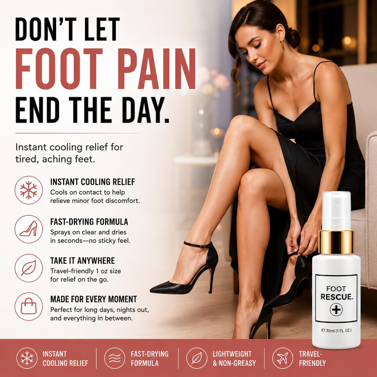 Foot Rescue etiqueta con lista de ingredientes botánicos como mentol y aloe