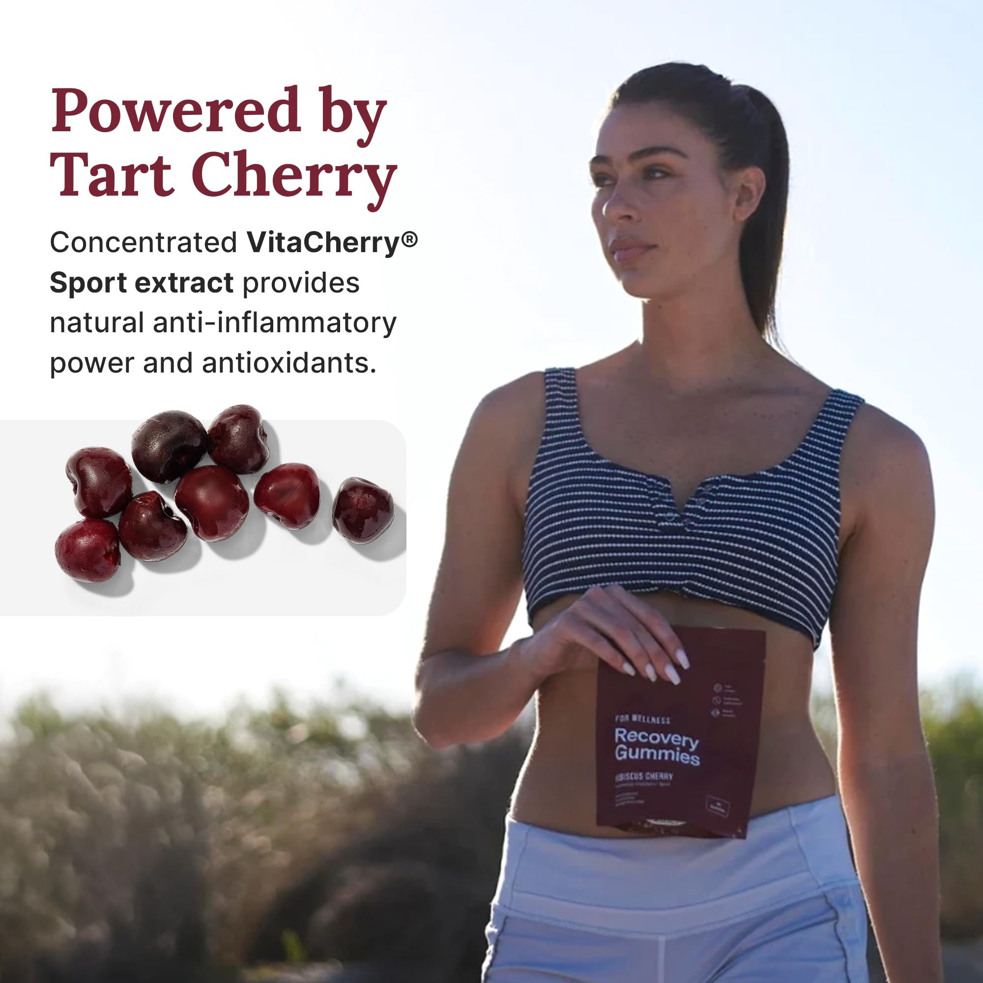 Comparación de tamaño de For Wellness Recovery Gummies Restore junto a moneda para escala