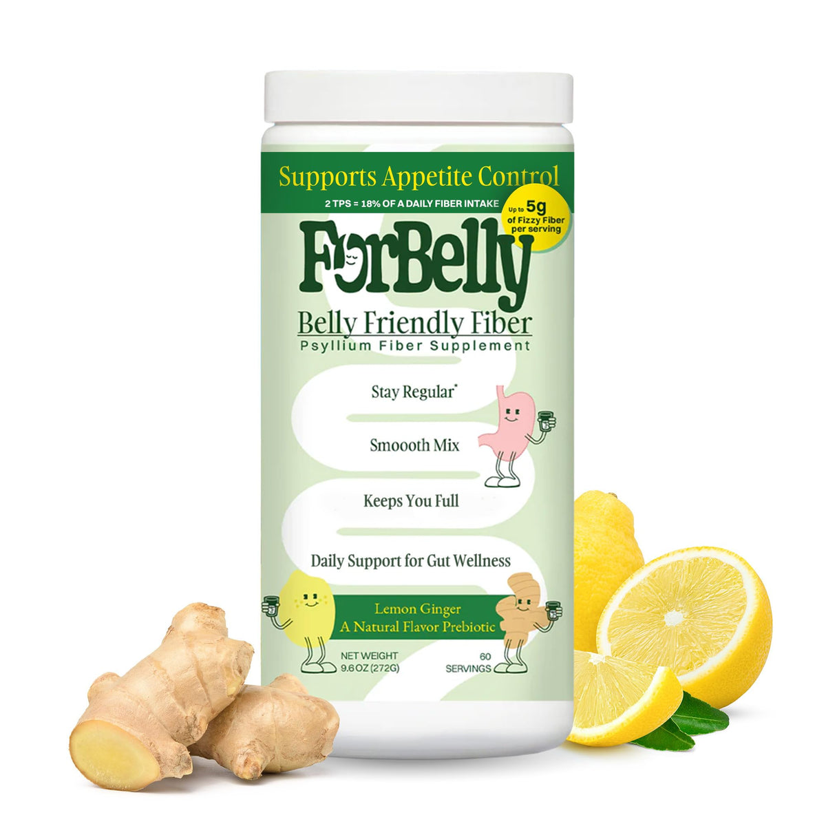 ForBelly frente del envase mostrando sabor limón jengibre y beneficios