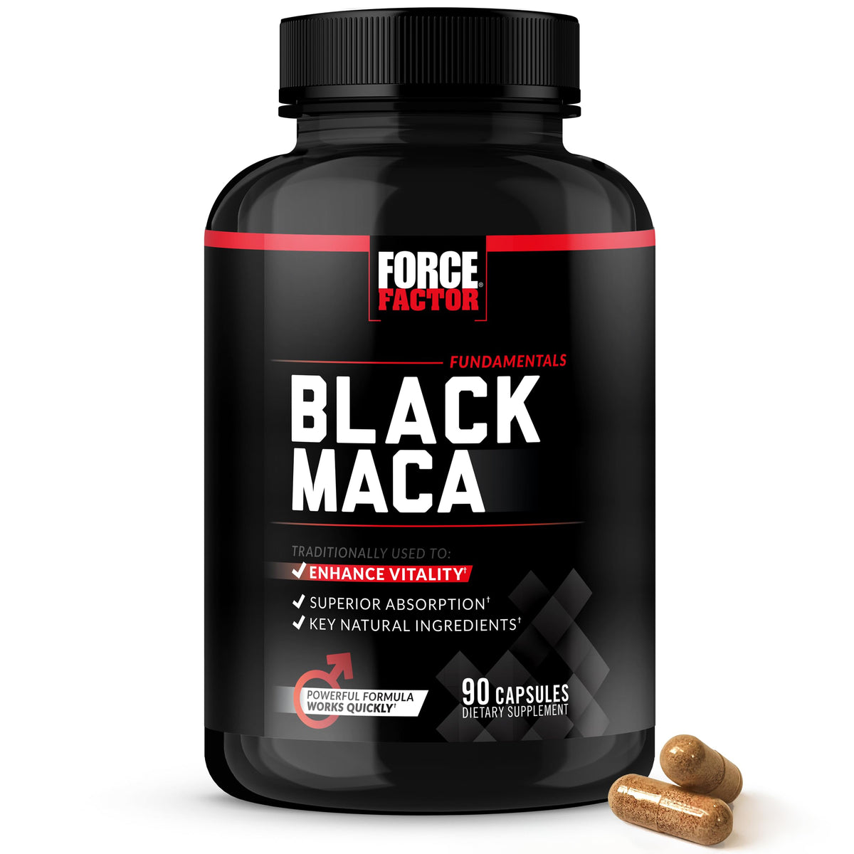 Force Factor envase frontal de Black Maca mostrando etiqueta clara y beneficios