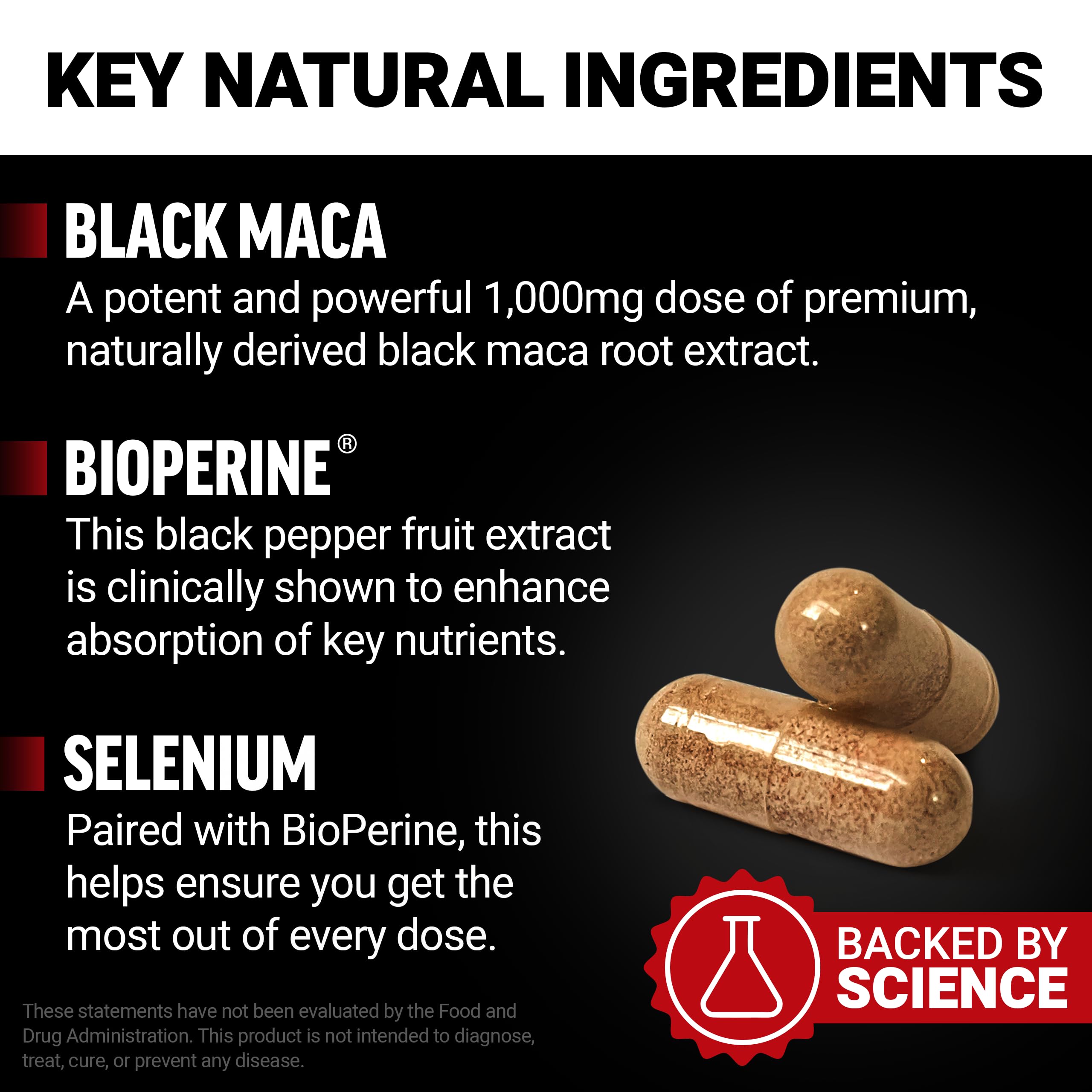 Force Factor etiqueta de ingredientes de Black Maca con lista de componentes