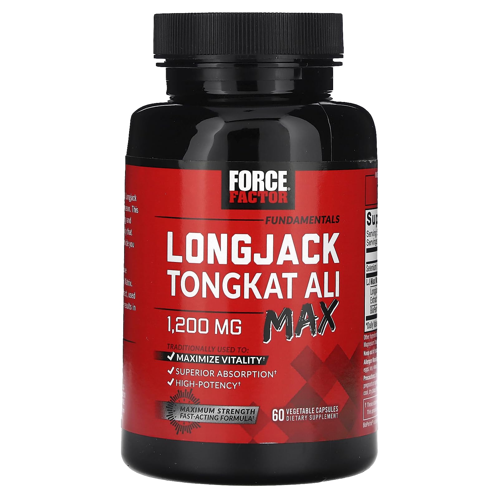 Force Factor cápsulas junto a regla para comparar tamaño y dosis