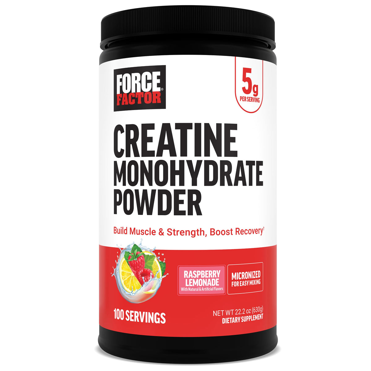 Force Factor envase frontal mostrando sabor Raspberry Lemonade y 100 servicios beneficioso