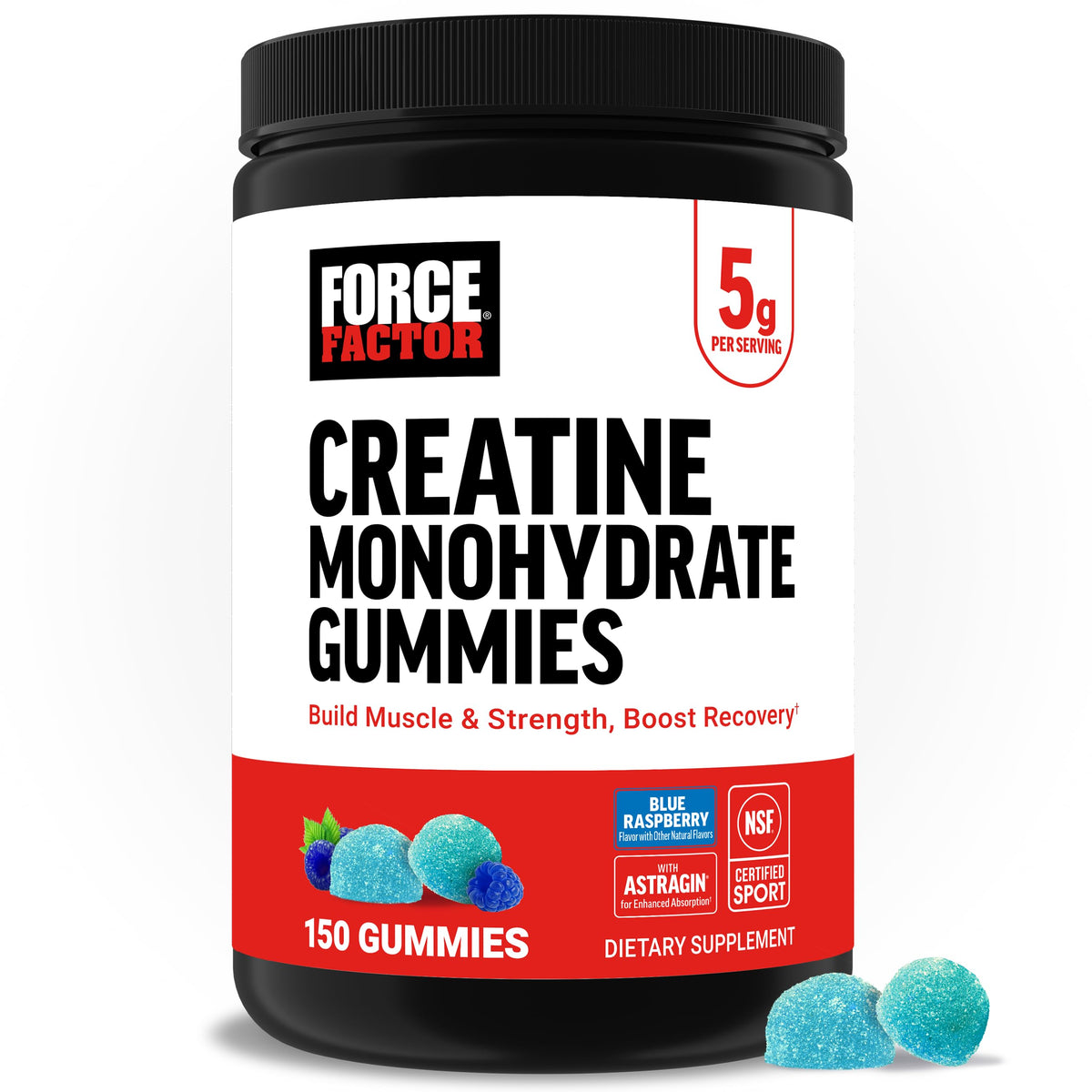 Force Factor envase frontal de Creatine Gummies mostrando 150 gominolas y beneficio práctico