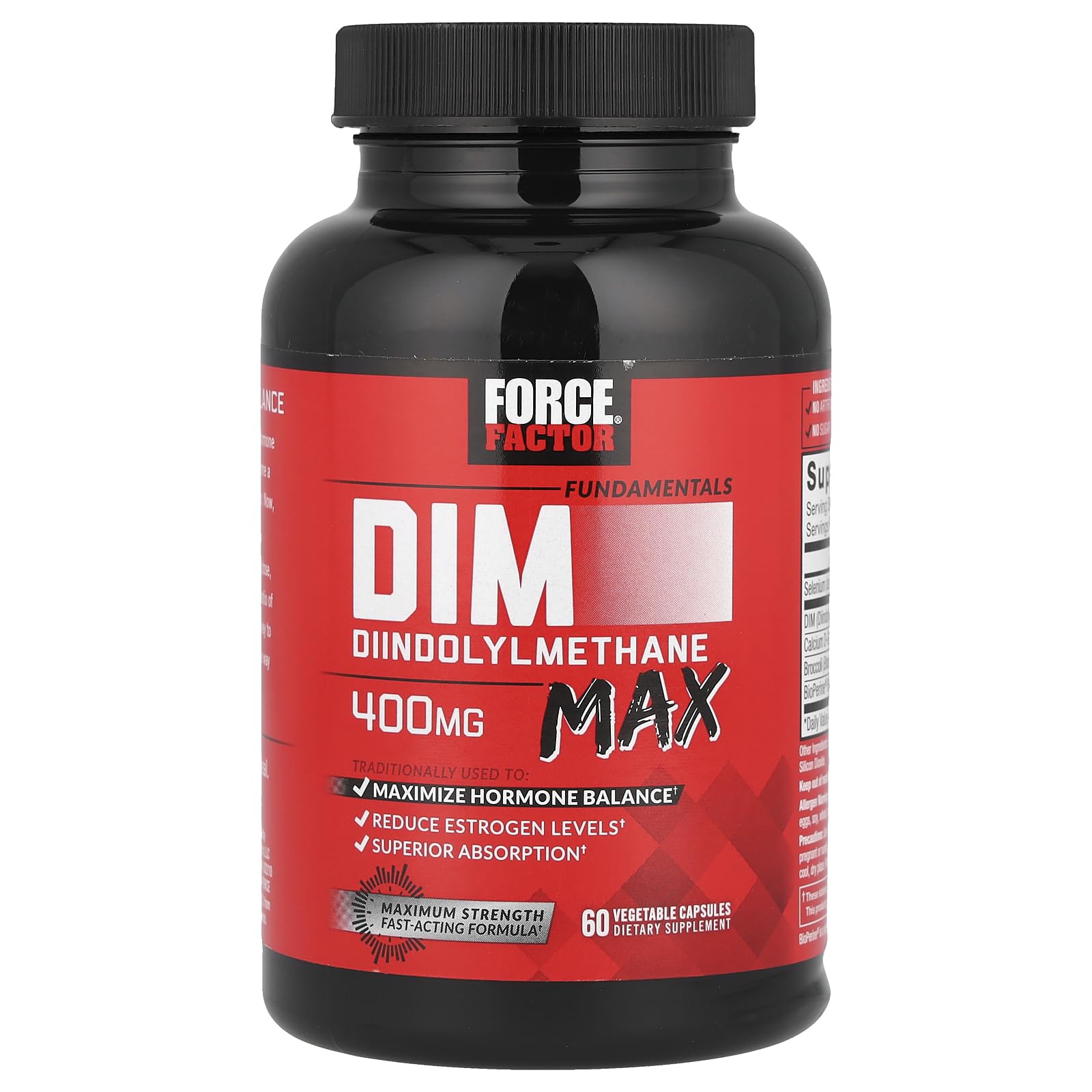 Force Factor etiqueta de ingredientes resaltando DIM, brócoli y BioPerine
